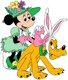 Minnie tying Pluto's bunny hat