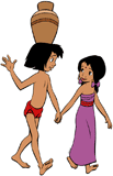 Mowgli walking hand in hand with Shanti
