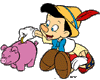 Pinocchio putting coin in piggy bank