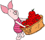 Piglet holding a basket of apples