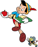 Pinocchio and Jiminy Cricket skipping along to school
