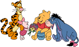 Piglet giving Winnie the Pooh a bouquet of flowers with Tigger and Eeyore
