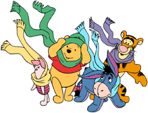 Winnie the Pooh, Tigger, Eeyore and Piglet wearing scarves