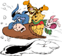 Winnie the Pooh, Piglet, Tigger and Eeyore sledding