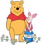 Pooh and Piglet standing among flowers with a honeypot