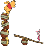 Piglet & Winnie the Pooh getting ready to jump from a tower of honey pots
