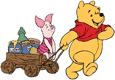 Winnie the Pooh pulling Piglet and honeypots in a cart