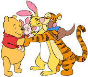 Winnie the Pooh, Piglet, Rabbit, Tigger and Roo hugging