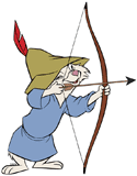 Skippy aiming his arrow with Robin Hood's bow