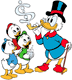 Scrooge blowing bubbles with Huey, Dewey and Louie