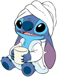 Stitch wearing a bathrobe and a towel on his head