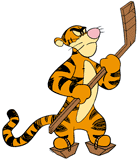 Tigger frowning with a hockey stick