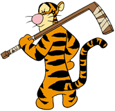 Tigger with his hockey stick over his shoulder