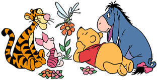 Winnie the Pooh, Piglet, Tigger and Eeyore watching a bug on a flower