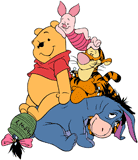 Winnie the Pooh, Piglet, Tigger and Eeyore forming a tower