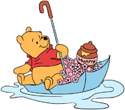 Winnie the Pooh in a floating umbrella full of flowers