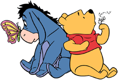 Winnie the Pooh, blowing dandelion fuzz, and Eeyore, admiring a butterfly, back to back
