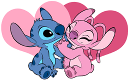 Stitch & Angel on a hearts background