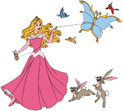 Aurora flying a butterfly kite with her forest friends