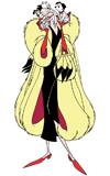 Cruella holding puppies