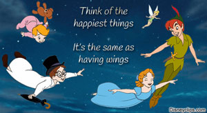 Peter Pan, Wendy, John, Michael, Tinker Bell flying