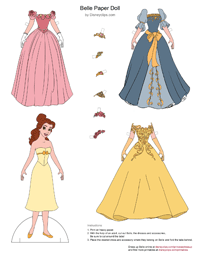 Belle paper doll, dresses, accessories