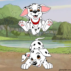 101 Dalmatian puppies playing leap-frog in the park