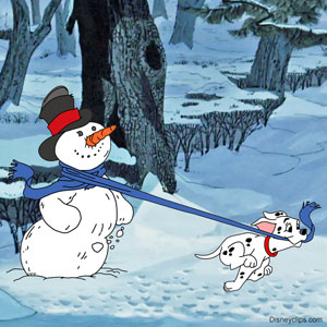 101 Dalmatians puppy pulling the scarf of a snowman