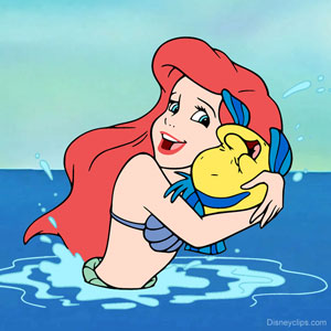 Ariel hugging Flounder on the surface of the water