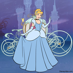 Cinderella in front of the castle with her carriage