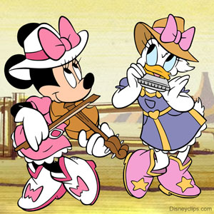 Cowgirls Daisy Duck & Minnie Mouse playing the violin and the harmonica