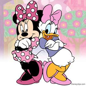 Daisy Duck & Minnie Mouse posing back to back against a pink background