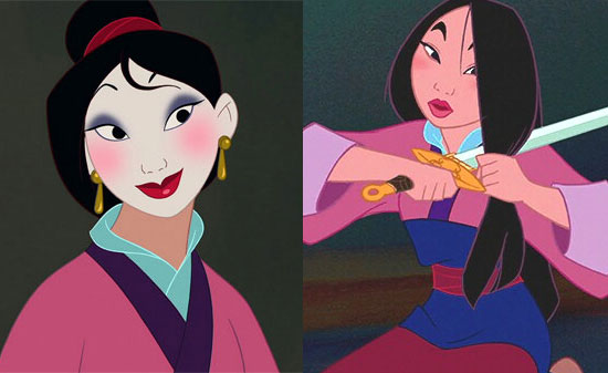 Mulan, wearing makeup, admires herself in a mirror