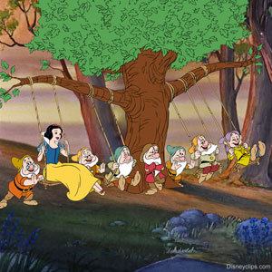Snow White and the Seven Dwarfs on swings