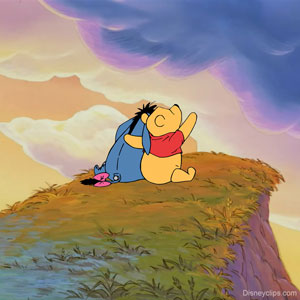 Winnie the Pooh and Eeyore enjoying the sunset