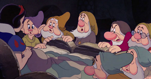 Snow White meeting the seven dwarfs