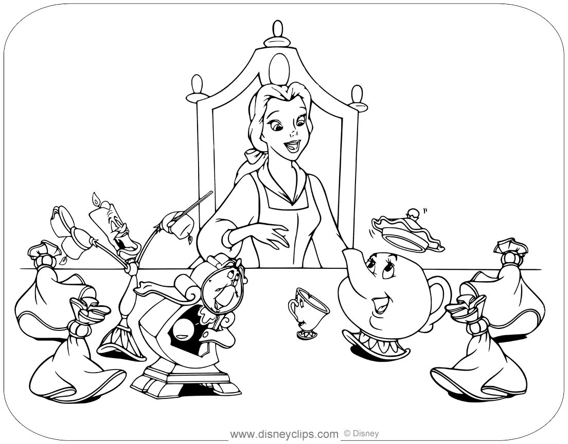 Beauty And The Beast - Belle talking with Mrs. Potts, Chip and Lumiere  coloring page