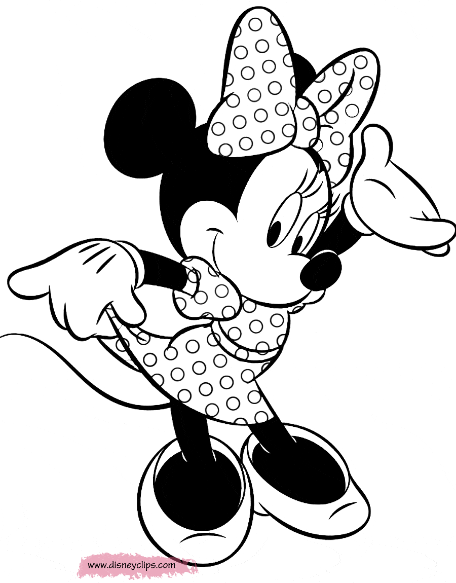 Dreamy Minnie Mouse face coloring page Minnie wearing a pretty dress