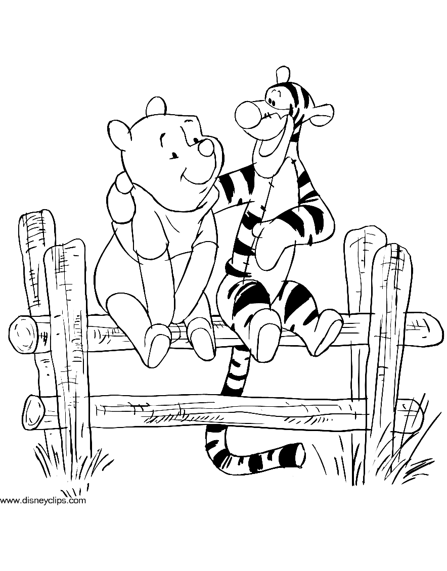 coloring page Pooh Tigger on fence