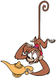 Abu hanging from his tail with the magic lamp