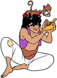 Aladdin rubbing the magic lamp with Abu