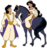 Aladdin with Jasmine sitting on a horse