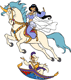 Aladdin on magic flying carpet, Jasmine riding unicorn