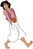 Aladdin walking with his hands in his pockets
