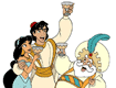 Aladdin, Jasmine, Sultan toasting