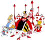 Alice with King and Queen of Hearts and cards
