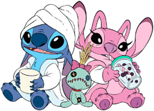 Stitch and Angel cozy in their bathrobes