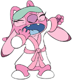 Angel yawning wearing a cozy bathrobe and eyemask ready for bed