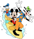 Mickey, Goofy, Donald surfing