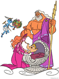 Baby Hercules in his crib with his parents and Hermes